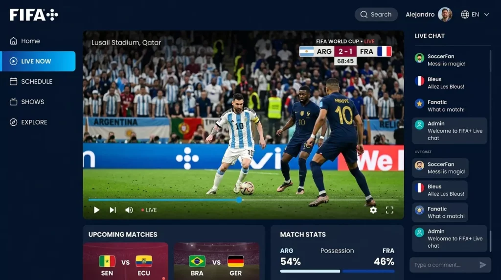 FIFA+ streaming platform interface showing live match coverage
